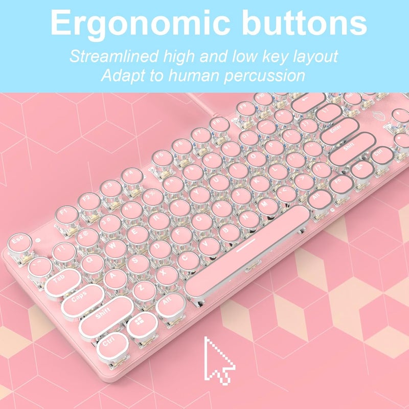 YSCP Typewriter Style Mechanical Gaming Keyboard LED Backlit Wired with Blue Switch Retro Round Keycap 104 Keys Keyboard (Pink 104Keys LED) - Image 2